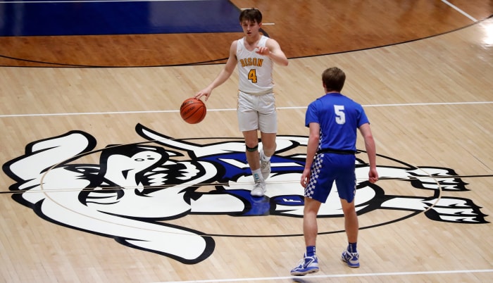 The snarling Frankfort High School mascot graces the Hot Dogs' home basketball court.